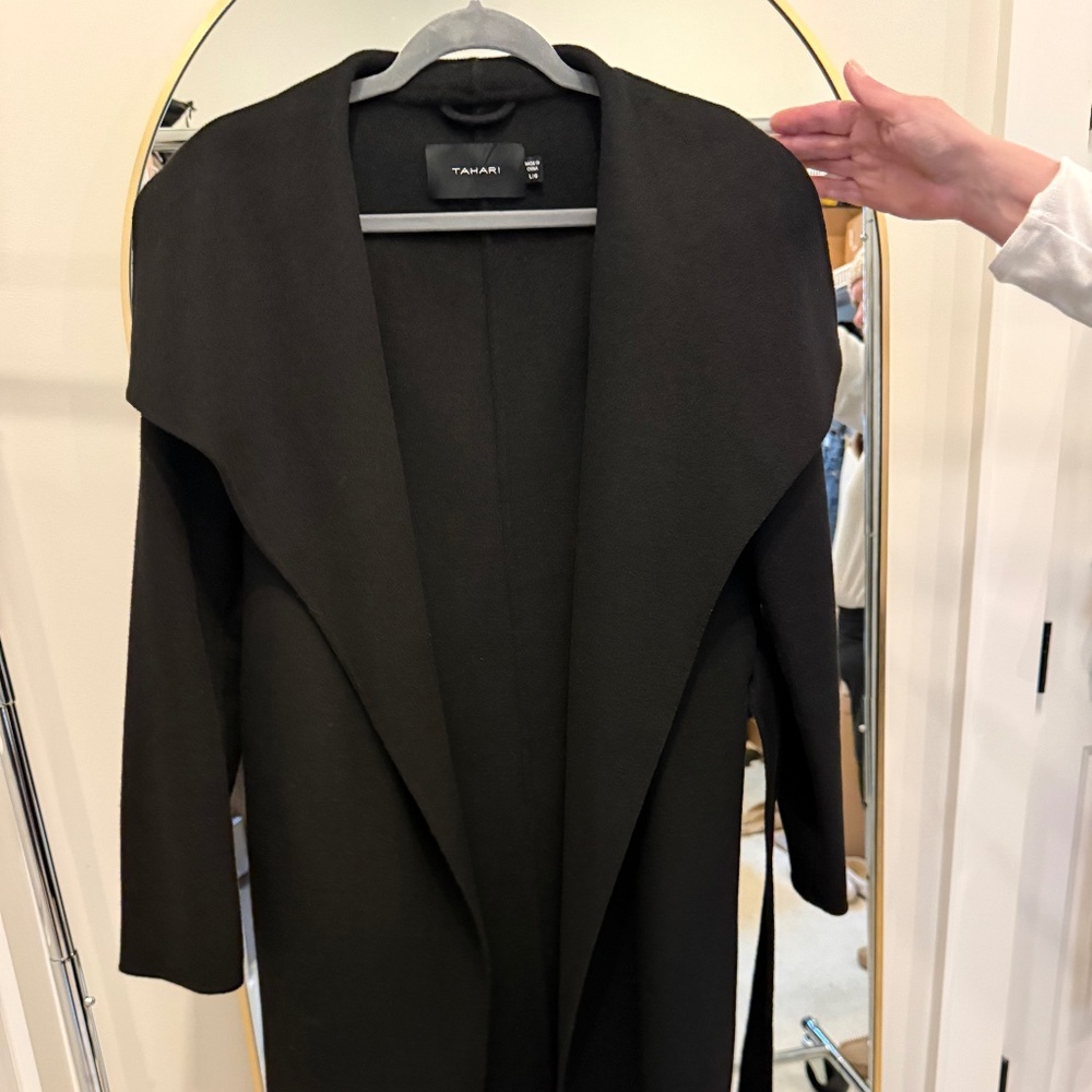 Tahari Black Wool Blend Belted Wrap Coat